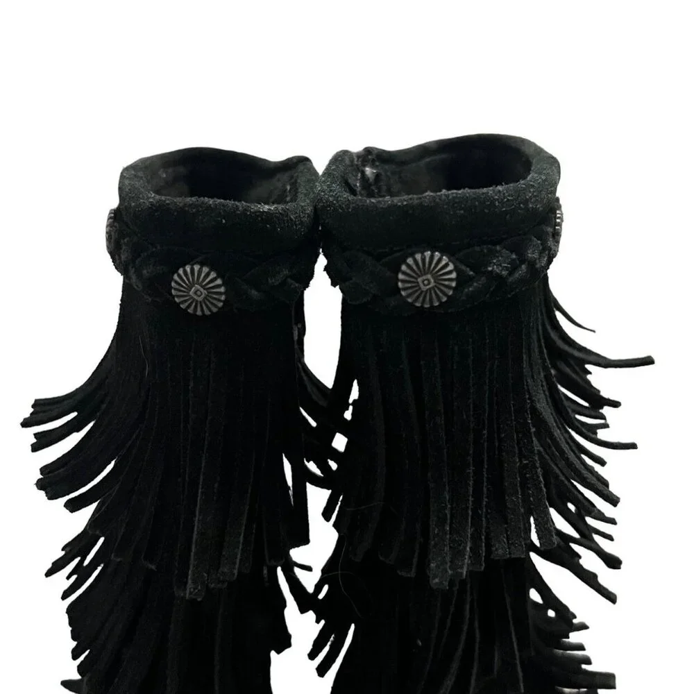 Minnetonka Sz 12 Black Suede Leather Fringe Boots